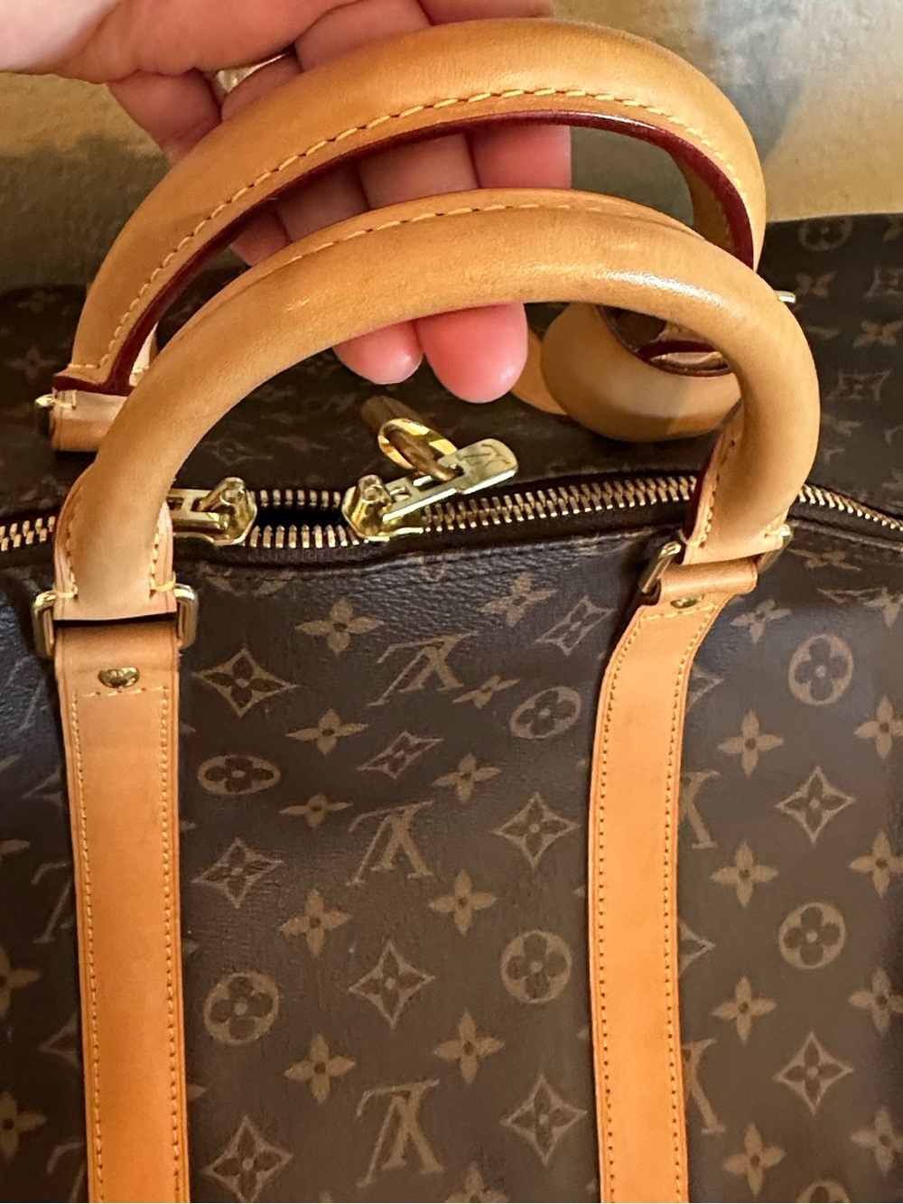 Authentic Louis Vuitton Brown Monogram Duffel with Tan Leather Trims size 55 - Picture 6 of 16
